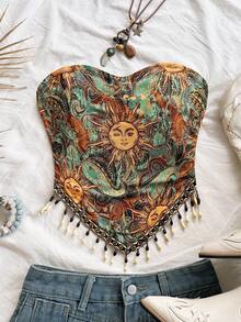 Soleia Top tubo de ganchillo estilo bohemio con estampado y cadena con cuentas, adecuado para fiesta, Navidad, cita, discoteca, playa, crucero, té de la tarde, carnaval para mujer talla grande - Multicolor - Ver 7