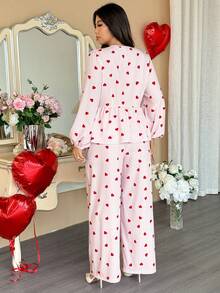 Vionelle Plus Size Valentine's Day Heart Striped Long Sleeve 2 Pieces Set Women,White Autumn Cute Date Night Comfy Pajama Lounge Sets Matching Two Piece Set - Pink - View 2
