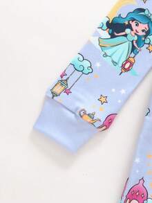 Cozy Pixies 女婴卡通动物印花针织柔软圆领长袖上衣和松紧腰长裤两件套贴身睡衣套装 - 紫色 - 查看 6