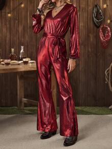 SHEIN LUNE LanaWest Women's Western V-Neck Overlap Front Detachable Belt Metallic Shiny Party Wear Flared Leg Jumpsuit - Burgundy - View 8