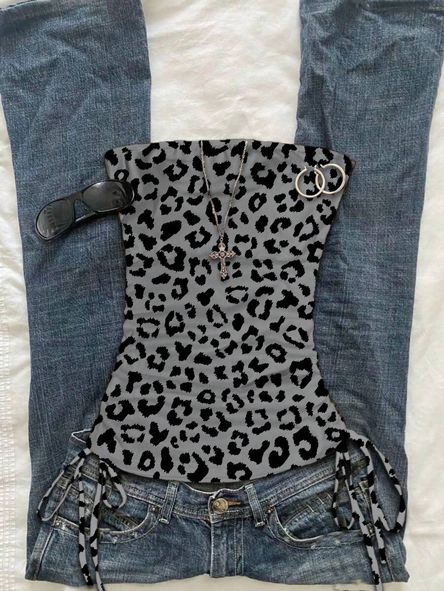 Attitoon Áo crop top buộc dây rút phía trước cho nữ - Xám - Xem 1