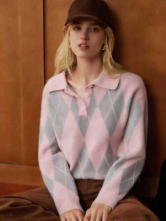 Écloséra French Retro Loose Polo Collar Long Sleeve Knitted Colorblock Diamond Pattern Half-Button Design Khaki Women Pullover Sweater, Autumn/Winter