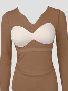 INAWLY Top décontracté à manches longues avec col en V et froncé, avec soutien-gorge intégré pour femmes, couleur unie - Kaki - Voir 6