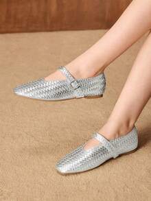 MOTF PU LEATHER BRAID FLATS SPRING SHOES - Silver - View 7