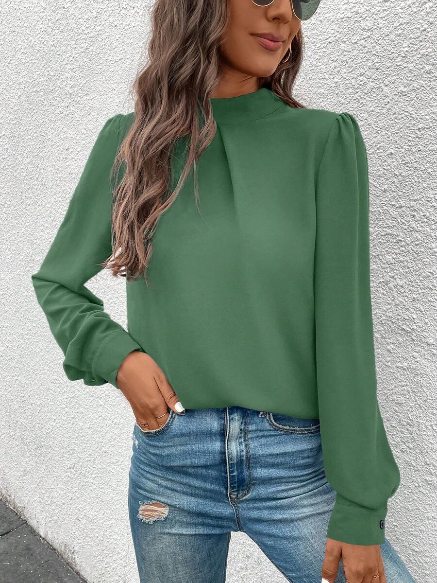 EMERY ROSE Solid Color Regular Shoulder Long Sleeve Loose Stand Collar Elegant Fashion Versatile Blouse - Green - View 1