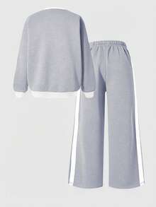 Sparklyn 2 Stücke/Set Mädchen Lässig Minimalistisch Schleife Dekor Rundhals Langarm Sweatshirt und Hose Set - Grau - Übersicht 3