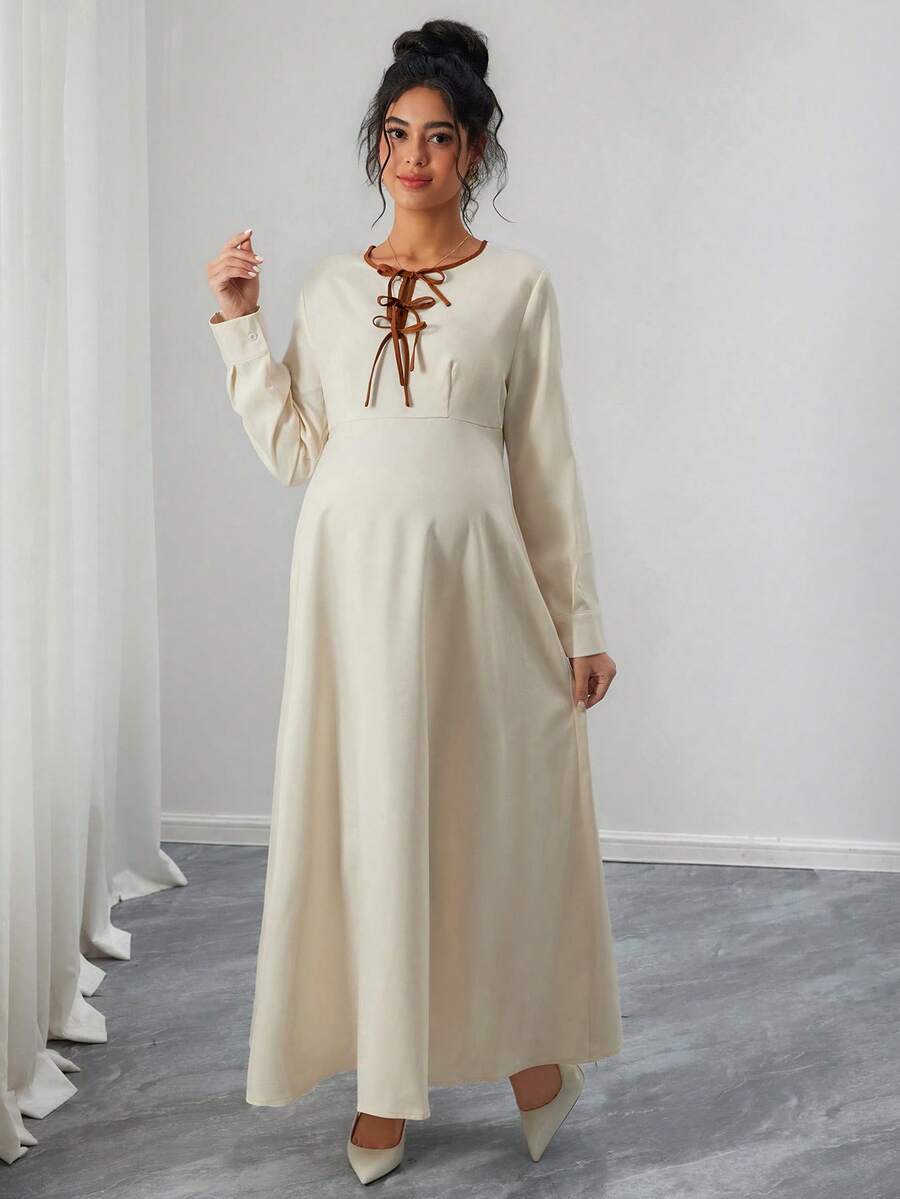 Momance Maternity Elegant Bow Contrast Color A-Line Long Sleeve Dress - Apricot - View 1