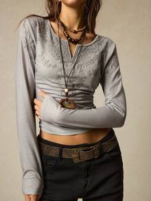 SoleilVie 女士V领刺绣长袖修身T恤 - 灰色 - 查看 3