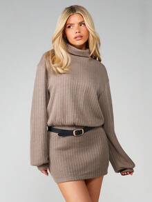 MISSGUIDED Luźna, gruba dzianinowa sukienka mini z golfem, długi rękaw, prążkowana sukienka sweterkowa, zimowa, jesienna, wygodna - Kolor khaki - Zobacz 3