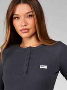 Missguided x Playboy Ribbed Fitted Long Sleeve Henley Top With Button Front Detail For Casual Everyday Wear - Royal Blue - View 5