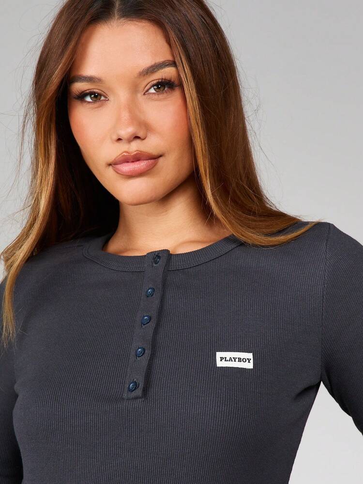 Missguided x Playboy Ribbed Fitted Long Sleeve Henley Top With Button Front Detail For Casual Everyday Wear