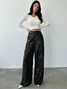 Firerie Women's Fashion Casual Sequin Pleated Long Pants, Suitable For Parties And Gatherings - Black - View 6