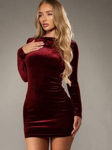 MISSGUIDED Mini Velvet Bodycon Long Sleeve Ruched Party Holiday Evening Special Occasion Formal - Burgundy - View 1