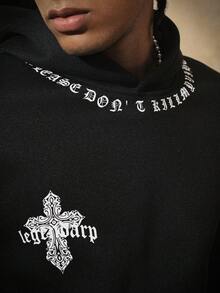 PAVTROS 男士嘻哈印花长袖连帽衫，男款，宽松，最佳，男友风，夏季，度假，Y2K，复古，朋友，哥特字体街头风 - 黑色 - 查看 5