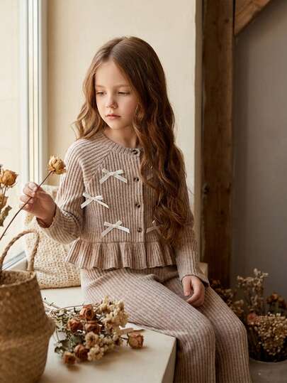 Vintaside Kids Elegante chaqueta tipo cárdigan de color camello para niñas preadolescentes con decoración de lazo de cinta beige, conjunto de pantalones a juego, diseño minimalista, adecuado para salidas, uso en el campus, reuniones y fiestas festivas