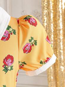 Tween-Mädchen Kleid mit süßem Blume Muster und Farbblock, Puffärmel, geeignet für Ausflüge, Lässig-Wear und Partys, Sommer - Verschiedenfarbig - Übersicht 7