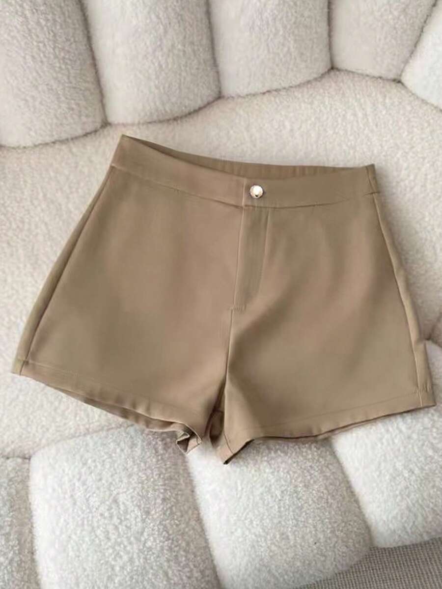 INAWLY Celana Pendek Setelan Pinggang Tinggi Kasual Serbaguna Warna Polos untuk Wanita Ukuran Plus - Khaki - View 1