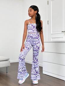 SHEIN Tween Girls' Full Printed Crop Top & Flared Pants Set For Fashionable Sporty Look - Purple - View 4