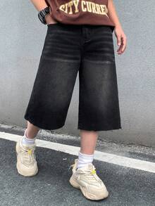 SHEIN Tween Jungen Mode Lässig Y2K Vintage Cool Straße Basic Einfach und Bequem Schwarze Weite Jeans für Alltag, Frühling und Sommer Rave Festival und Streetwear - Schwarz - Übersicht 3