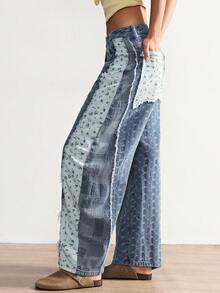 Bohemela Quần jean nữ dáng rộng phong cách Boho, thích hợp cho năm mới, ngày lễ tình nhân, lễ hội âm nhạc, phong cách vintage, phối nhiều mảnh vải. - Màu xanh lam - Xem 4