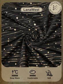 LanaWest Women's Western Casual Asymmetric Neckline Single Shoulder Strap Heavy Foil Star & Meteor Pattern Holiday New Year Party Wearable T-Shirt - Black - View 2