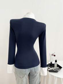 Flirla Women's Casual Fitted Knit Striped Shirt - Navy Blue - View 2