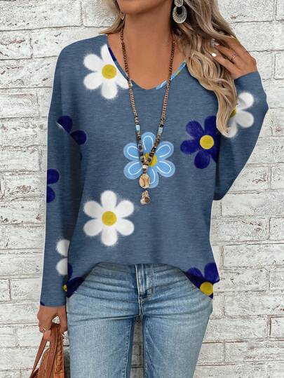 EMERY ROSE T-shirt à manches longues à col en V avec épaules tombantes, imprimé floral, polyvalent pour un usage décontracté et les déplacements quotidiens