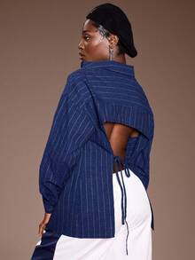 Normani Women's Navy Striped Drop Shoulder Long Sleeve Single-Breasted Back Cutout Tie Shirt Daily Wear,Fall Women Clothes,Sexy Women Tops,Business Casual Women - Navy Blue - View 1