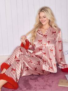 SweetSlumber Cute Bow Striped Pajamas, Feather Color Block Pajama Set, Valentine's Day Pajamas, Red Bow Striped Pajamas, Sweet Girl Pajamas, Pink Young Casual Pajama Set For Women Date Night Christmas Pajamas Women Cherry Pajamas Halloween Pajamas Women Gingerbread Pajamas Christmas Pajamas For Women - White - View 4
