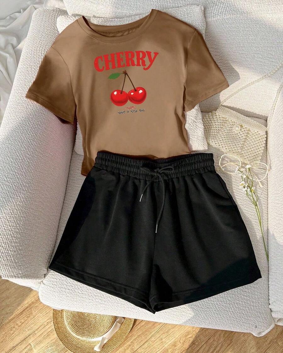 Set de 2 piezas de camiseta y pantalones cortos con estampado de Cherry - Café integral - Ver 1