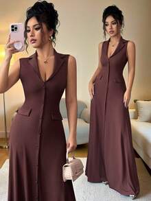 SHEIN Elenzya Plus Size Elegant Brown Summer French Style Lapel Waist Ribbed Sleeveless A-Line Dress, Work Festa Low Cut Classy Women Dress - Redwood - View 3