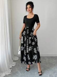Elenzga Plus Size Women's Solid Color & Floral Print Patchwork Casual Dress, Summer - Black - View 4