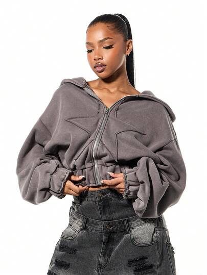 SUMWON Plus Size Oversized Grey Full Zip Hoodie With Centre Pocket Hooded Sweatshirt Women Fall Winter Casual Comfort Wear