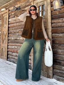 SHEIN EZwear 大码棕色前开襟纽扣口袋休闲无袖外套，秋冬款 - 棕色 - 查看 3