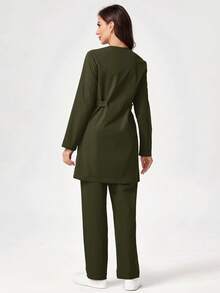 TaskEZ 女士圆领单排扣口袋长袖上衣和裤子日常通勤工作服套装绿色套装女式工作服橄榄绿女式工作服套装 - 軍綠色 - 查看 2