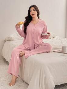 Dazy Plus Fashionable & Elegant Loose V-Neck Long Sleeve Top & Pants Plus Size Women Pajama Set, Pink - Pink - View 5