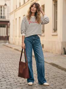 Écloséra 女士休闲撞色字母刺绣圆领宽松长袖卫衣，春秋季百搭单品 - 彩色 - 查看 2