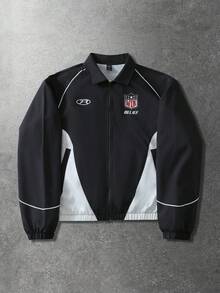 ROMWE MEN Street Life Áo khoác nam có khóa kéo in chữ màu tương phản thường ngày, mùa thu - Đen và trắng - Xem 3