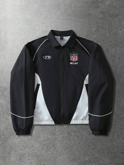 Street Life Chaqueta casual de hombre con cremallera, estampado de letras y contraste de colores, para otoño