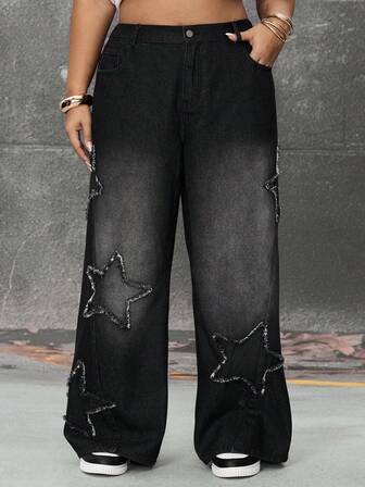 Grunge Punk Jeans casuales holgados de tiro alto con parche de estrella de cinco puntas y dobladillo deshilachado para mujer de talla grande