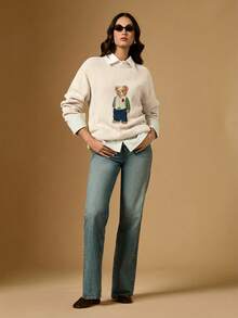 Briarwyn 女士休闲日常小熊刺绣落肩圆领毛衣，秋冬款 - 米色 - 查看 8