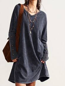 Bohemela Váy dài tay cổ tròn dệt kim màu trơn đơn giản, dáng rộng, giặt sạch dành cho nữ - màu đen - Xem 1