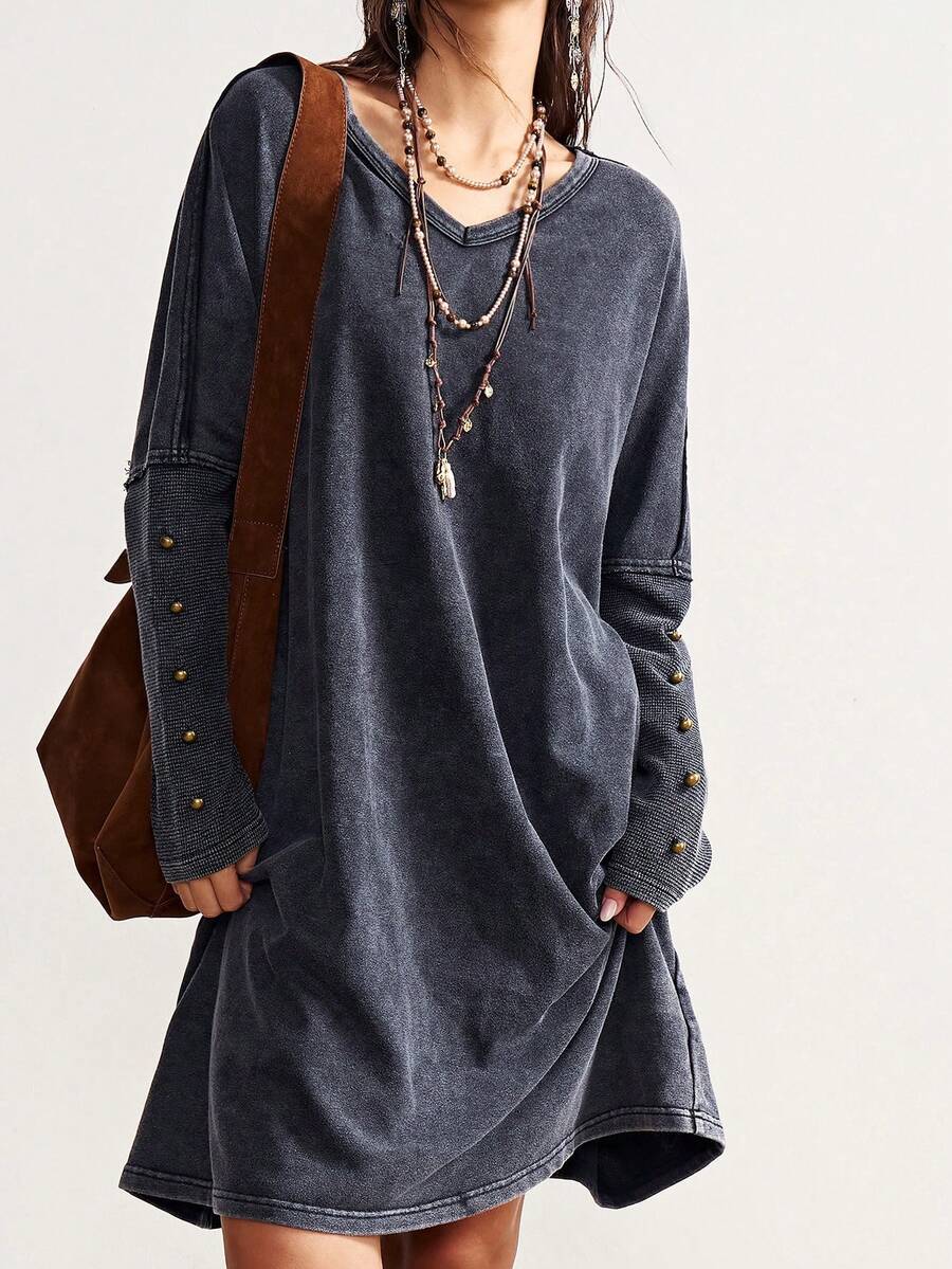 Bohemela Váy dài tay cổ tròn dệt kim màu trơn đơn giản, dáng rộng, giặt sạch dành cho nữ - màu đen - Xem 1