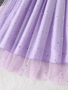 Sparklyn 2pcs/Set Tween Girls Spring/Summer Casual Rhinestone Decor Round Neck Short Sleeve Top Tee And Elegant Shiny Mesh Skirt - Mauve Purple - View 5