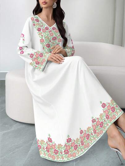 SHEIN Najma 女士花卉叶子印花V领长袖优雅连衣裙，春秋季