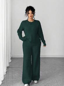 Elenzga بدلة سويتر طويلة الأكمام وبنطال طويل بأزرار، مجموعة ملابس شتوية/خريفية، مقاسات كبيرة، بتصميم بسيط وأنيق للنساء - أخضر داكن - مشاهدة 7