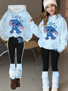 1 套青少年女孩休闲时尚甜美可爱扎染印花卡通兔子连帽衫和紧身裤套装，适合休闲外出，蓝色 - 彩色 - 查看 1