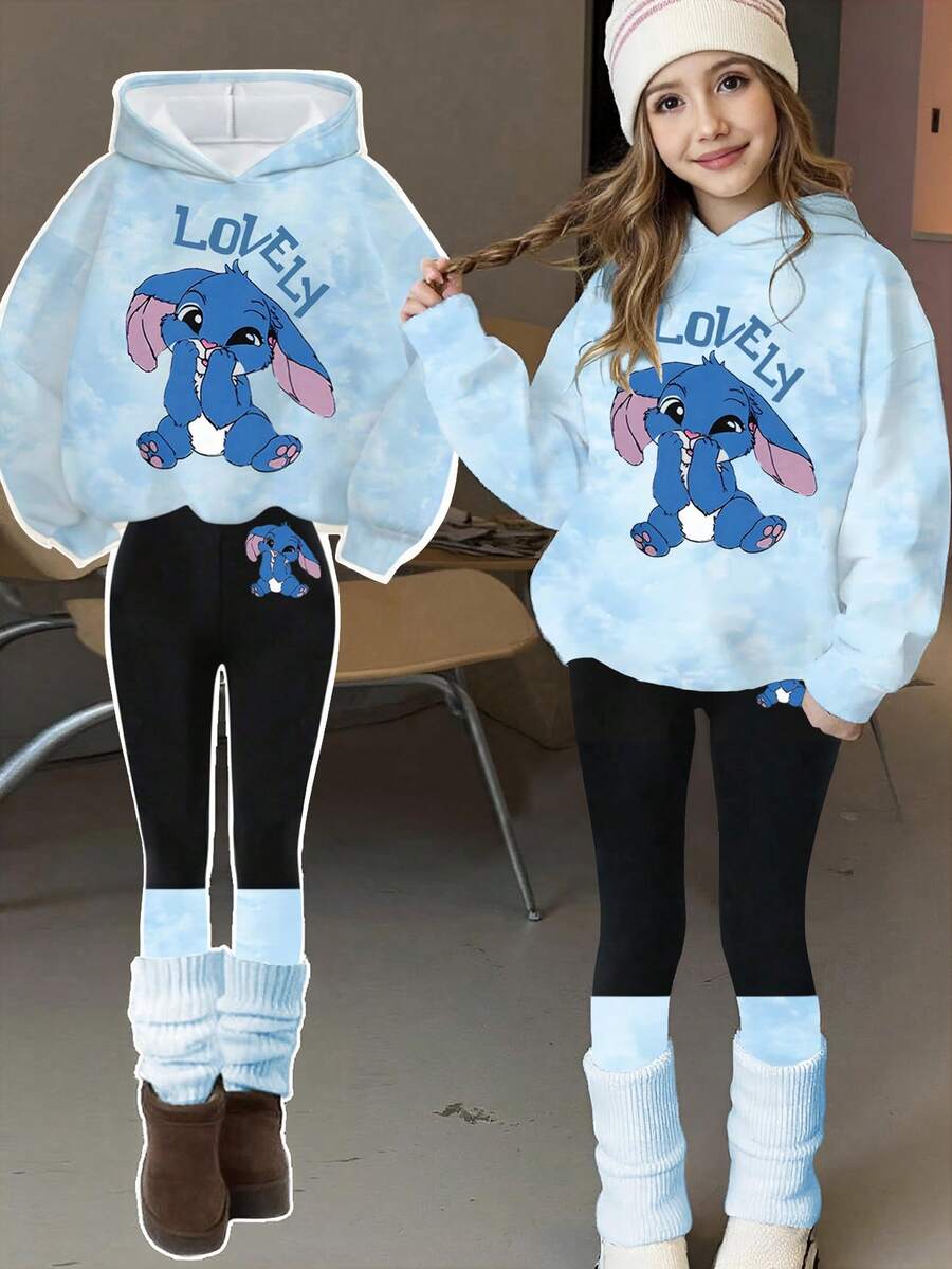 1 套青少年女孩休闲时尚甜美可爱扎染印花卡通兔子连帽衫和紧身裤套装，适合休闲外出，蓝色 - 彩色 - 查看 1