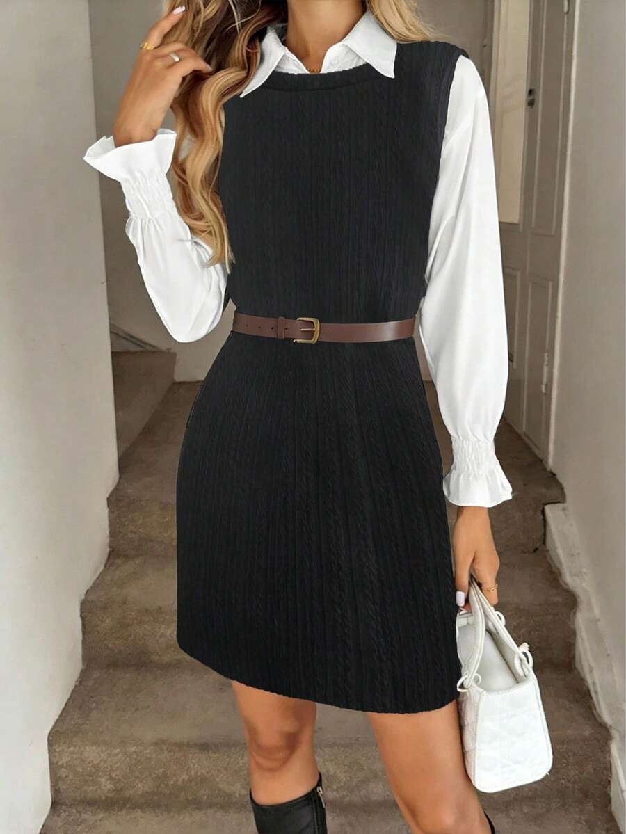 女士休闲针织无袖开衩连衣裙，舒适百搭，适合日常穿着 - 黑色 - 查看 1