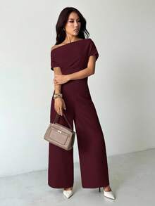 SHEIN PETITE Women's Summer New Arrival Simple Elegant Daily Casual Linen Commuter Wide Collar Off Shoulder Blouse And Wide Leg Pants Suit Wide Leg Pantsuit - Burgundy - View 5